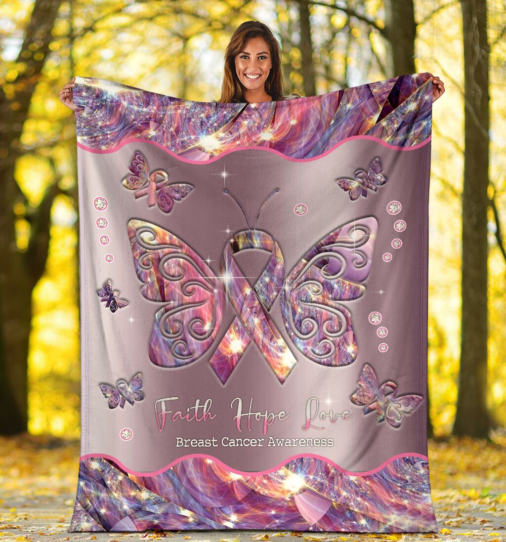 Breast Cancer Awareness Faith Hope Love Butterfly So Lovely So Cool - Flannel Blanket - Owls Matrix LTD