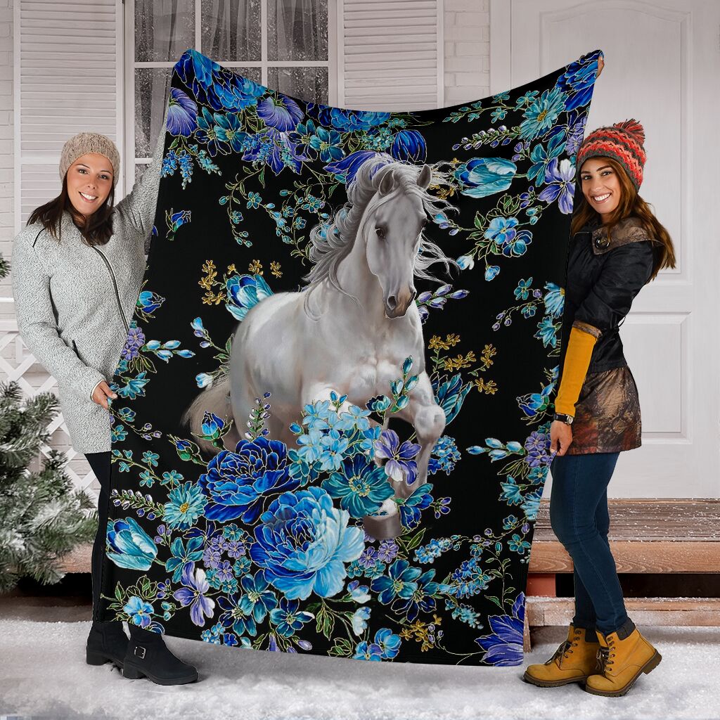Horse White Horse Blue Flower - Flannel Blanket - Owls Matrix LTD