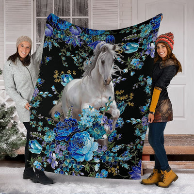 Horse White Horse Blue Flower - Flannel Blanket - Owls Matrix LTD