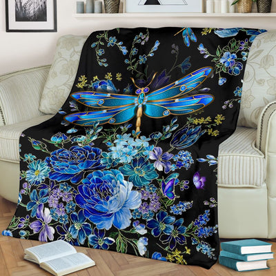 Dragonfly Blue Floral So Lovely - Flannel Blanket - Owls Matrix LTD