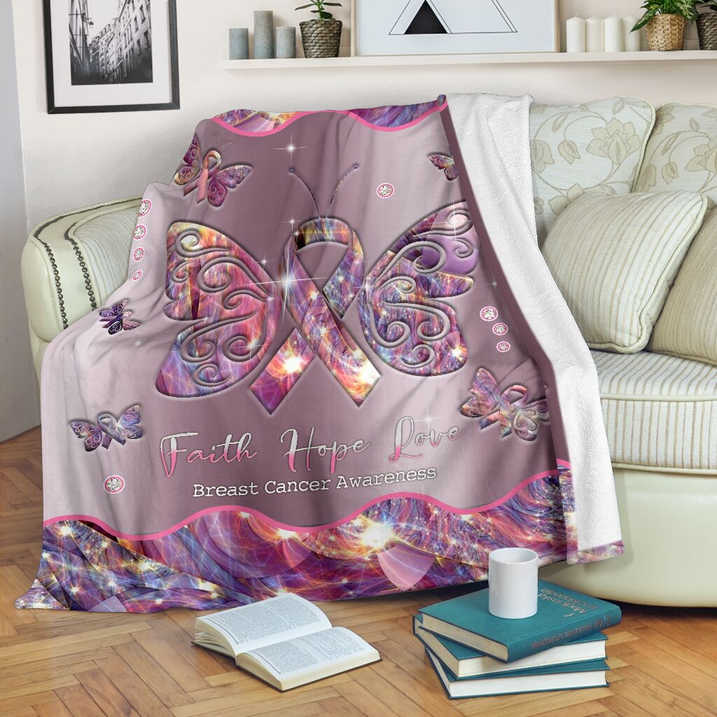 Breast Cancer Awareness Faith Hope Love Butterfly So Lovely So Cool - Flannel Blanket - Owls Matrix LTD