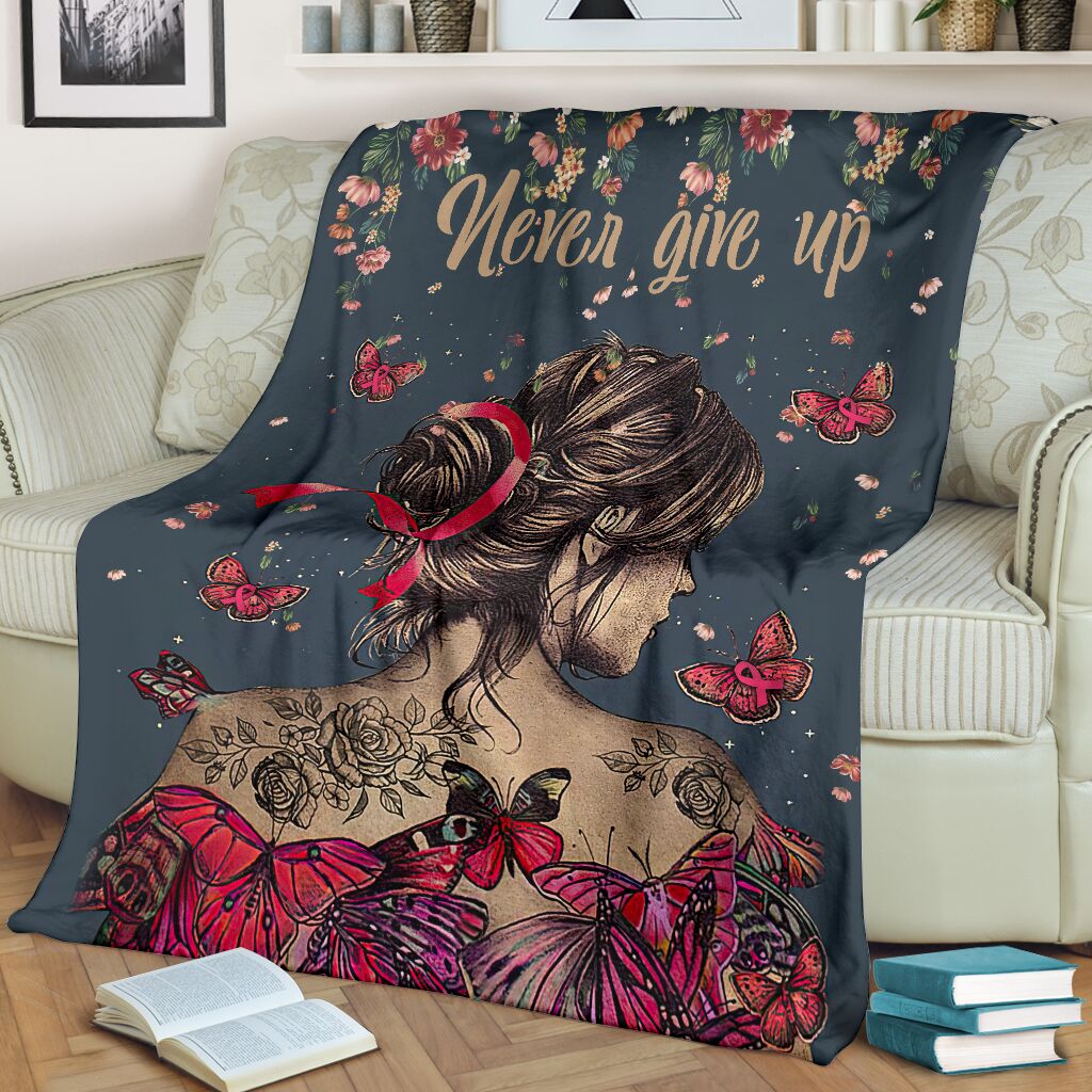 Breast Cancer Never Give Up Breast Cancer Awareness Style - Flannel Blanket - Owls Matrix LTD