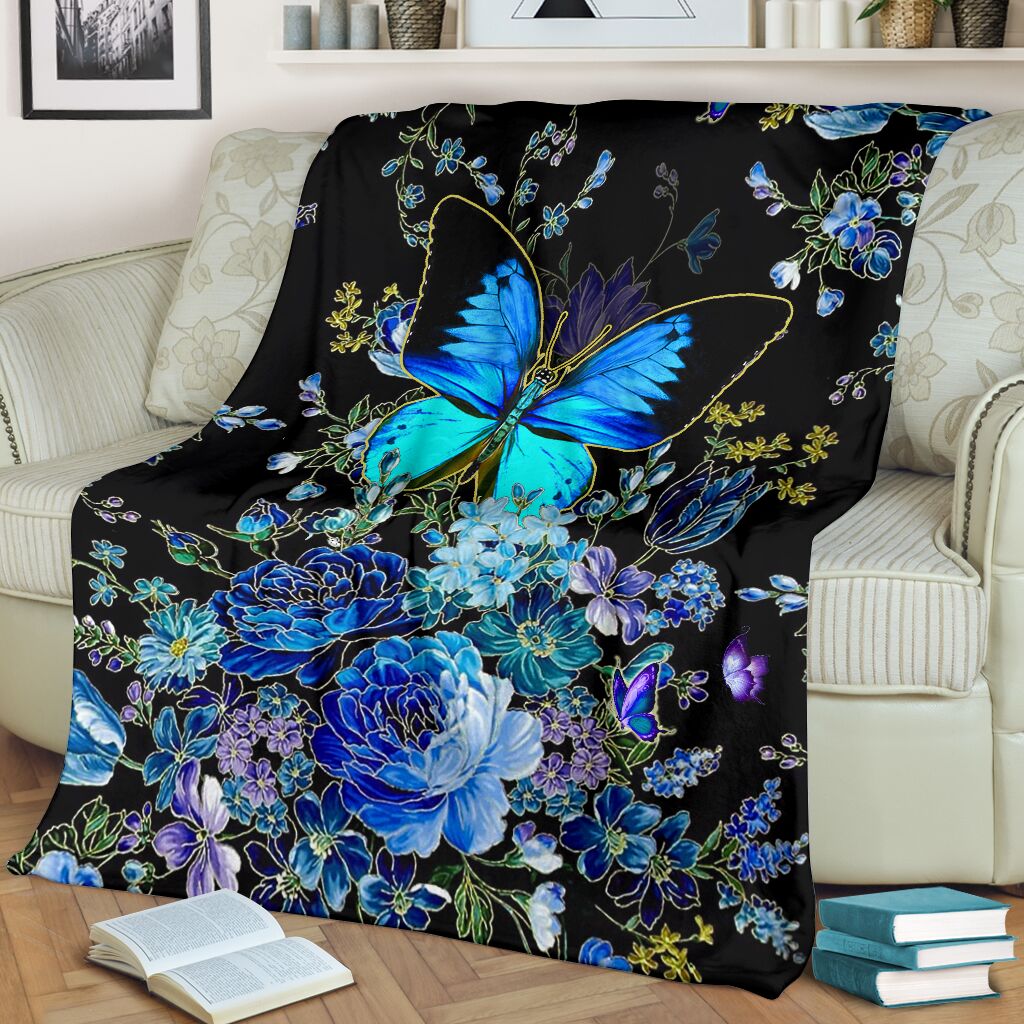 Butterfly With Blue Flowers Butterfly - Flannel Blanket - Owls Matrix LTD