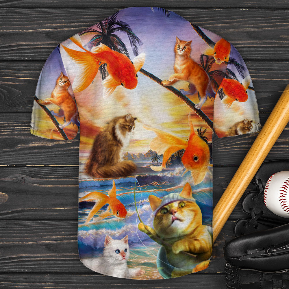 Fishing Fish And Cat On The Beach - Baseball Jersey - Owls Matrix LTD