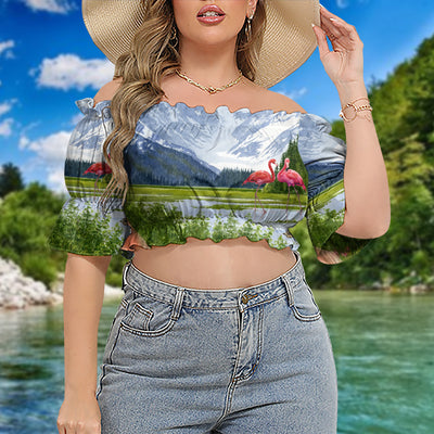 Camping Love Flamingo Landscape - Cropped Top With Short Puff Sleeve