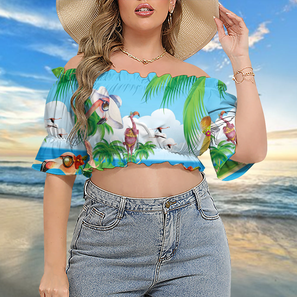 Flamingo Love Beach Amazing - Cropped Top With Short Puff Sleeve