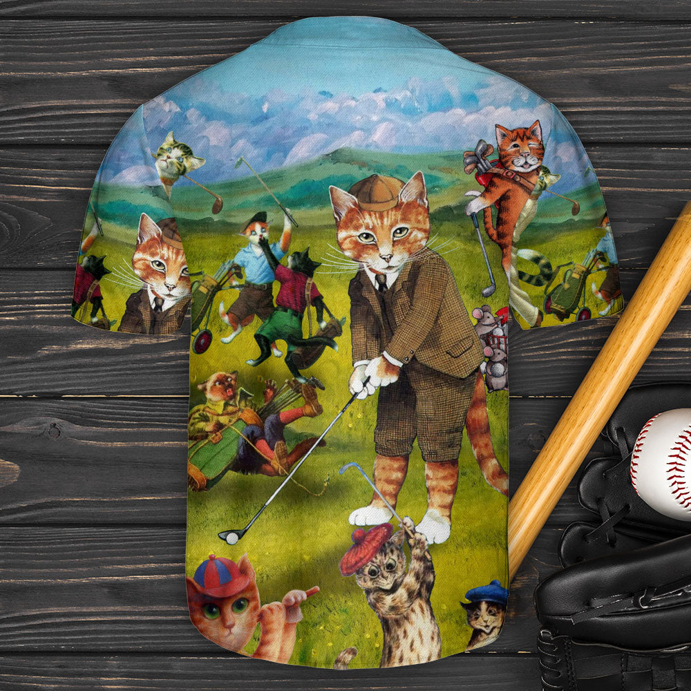 Golf Cat Funny Art Style - Baseball Jersey - Owls Matrix LTD