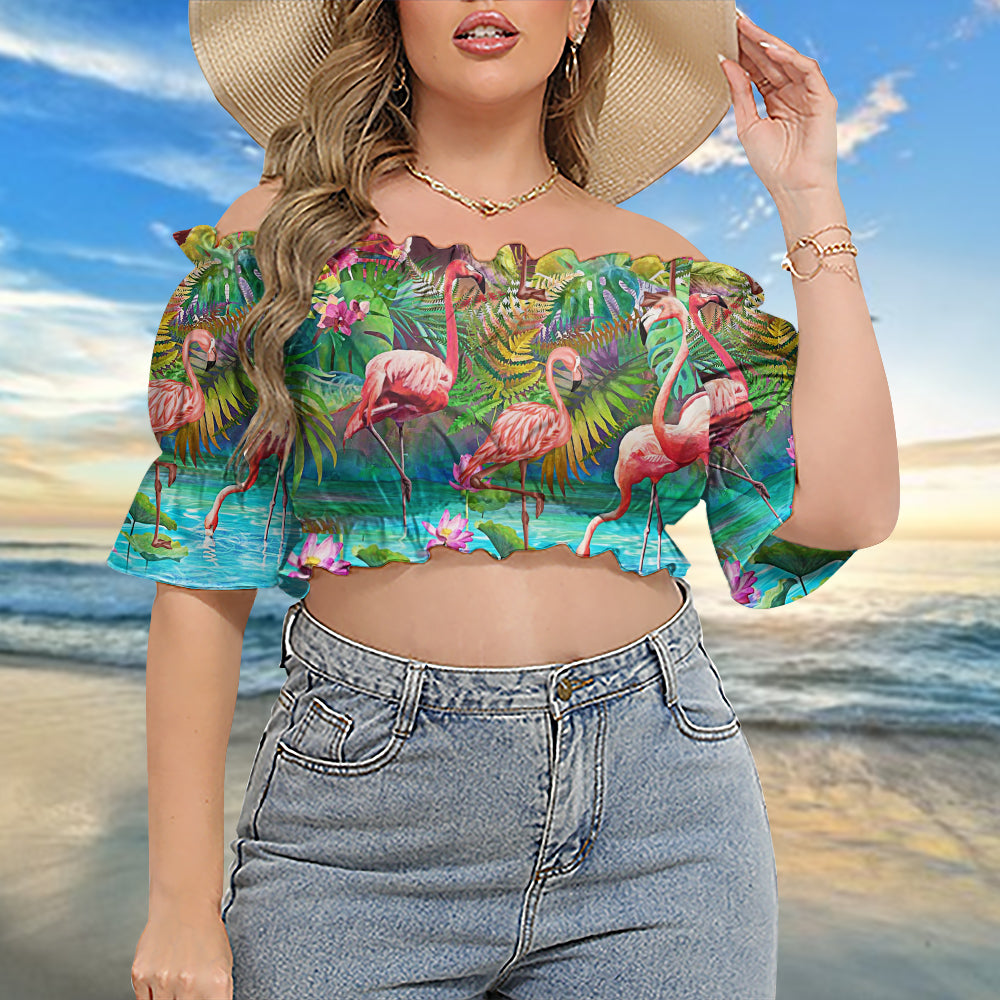 Flamingo Couple Love - Cropped Top With Short Puff Sleeve