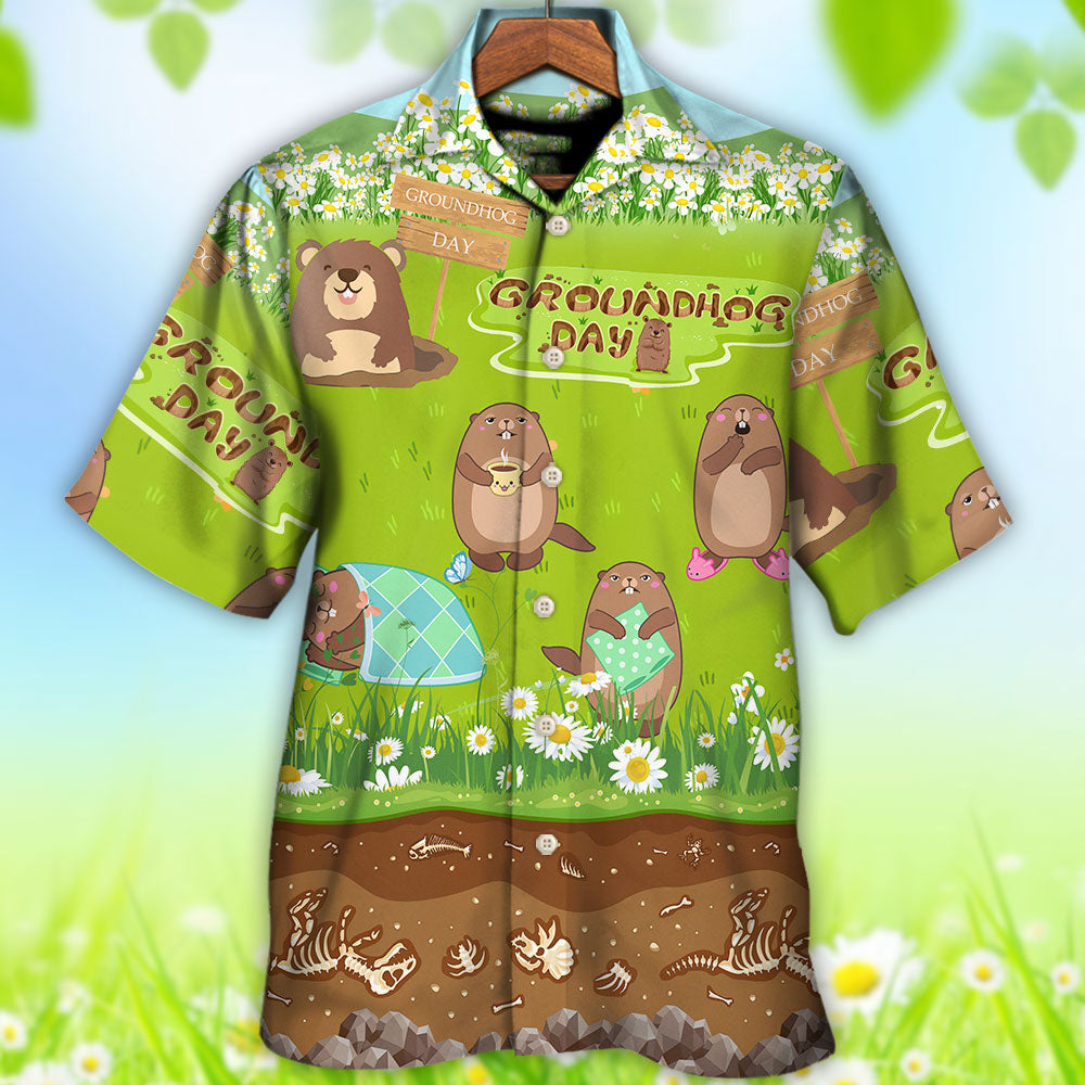 Groundhog Day Happy Spring Day With Grass Flowers - Hawaiian Shirt - Owls Matrix LTD