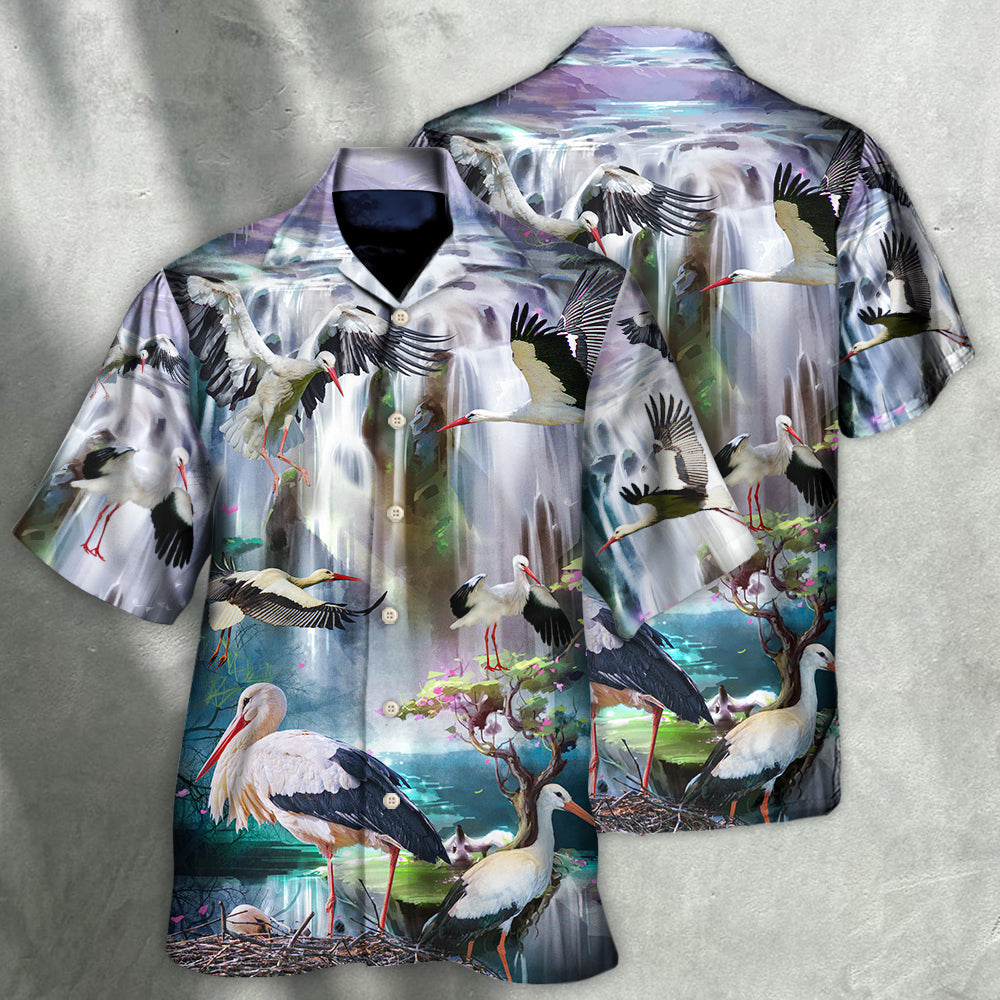 Stork Bird In The Dreamy Waterfall - Hawaiian Shirt - Owls Matrix LTD