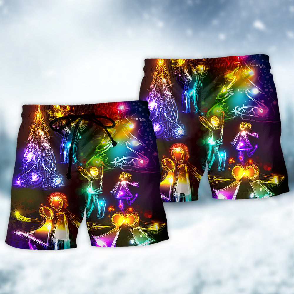 Christmas Family Happy Love Tree Neon Light Style - Beach Short - Owls Matrix LTD