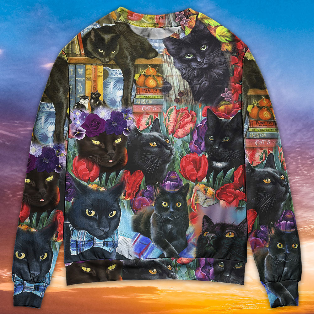 Black Cat Art With Flowers - Sweater - Ugly Christmas Sweaters - Owls Matrix LTD