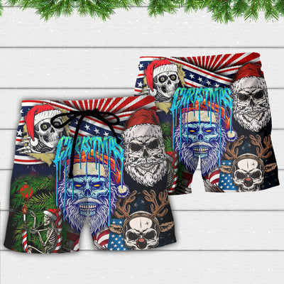 Skull Christmas US Flag Skeleton Horror Merry Christmas - Beach Short - Owls Matrix LTD