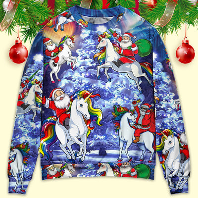 Christmas Funny Santa Claus Riding Unicorn Rainbow Sky Night - Sweater - Ugly Christmas Sweaters - Owls Matrix LTD