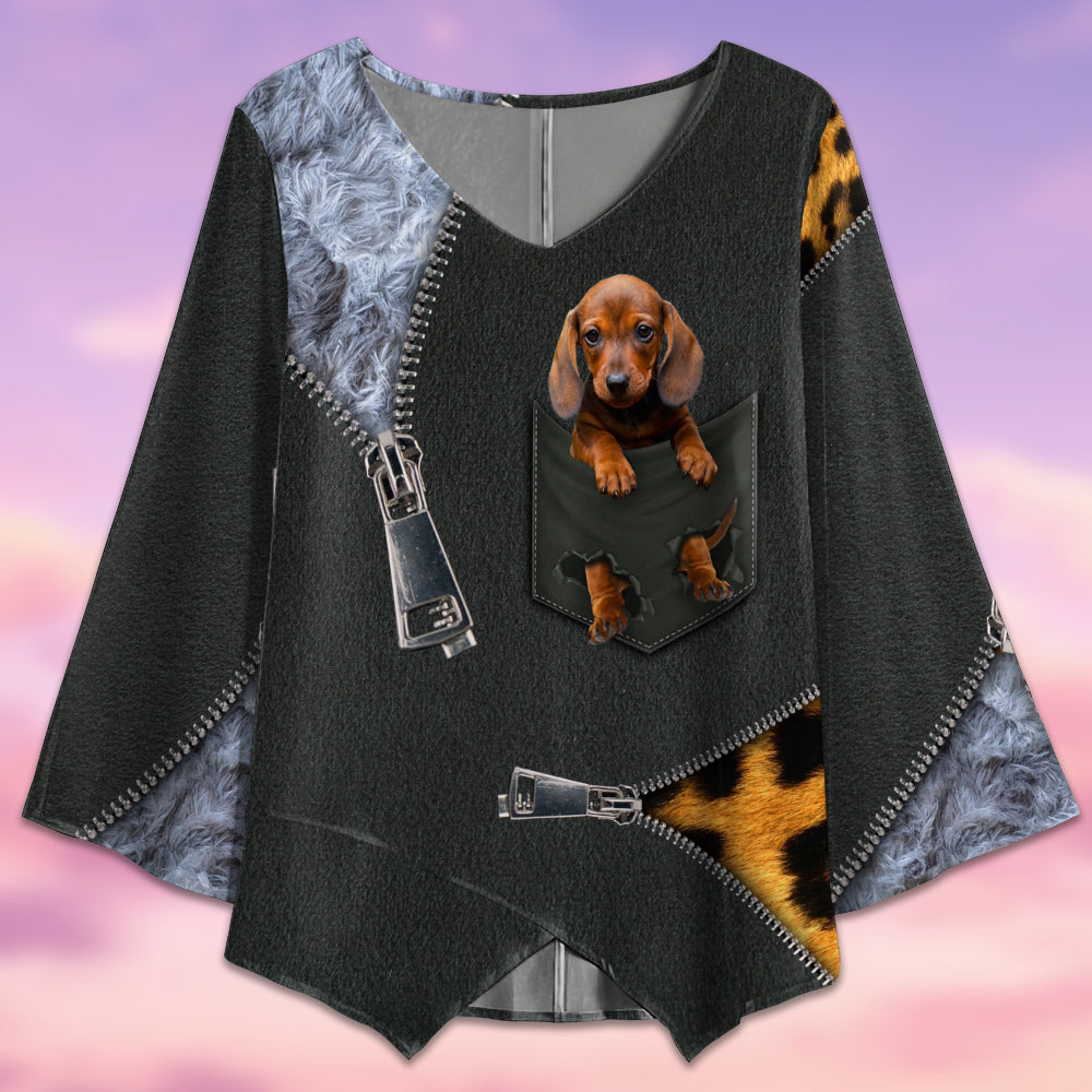 Dachshund Baby In Pocket Zip Style - V-neck T-shirt - Owls Matrix LTD