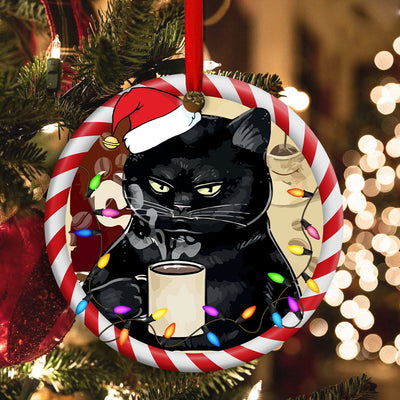 Christmas Cat Drink Coffee I Hate People - Circle Ornament - Owls Matrix LTD