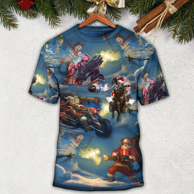 Christmas Santa Gun Fight In Xmas - Round Neck T-shirt - Owls Matrix LTD