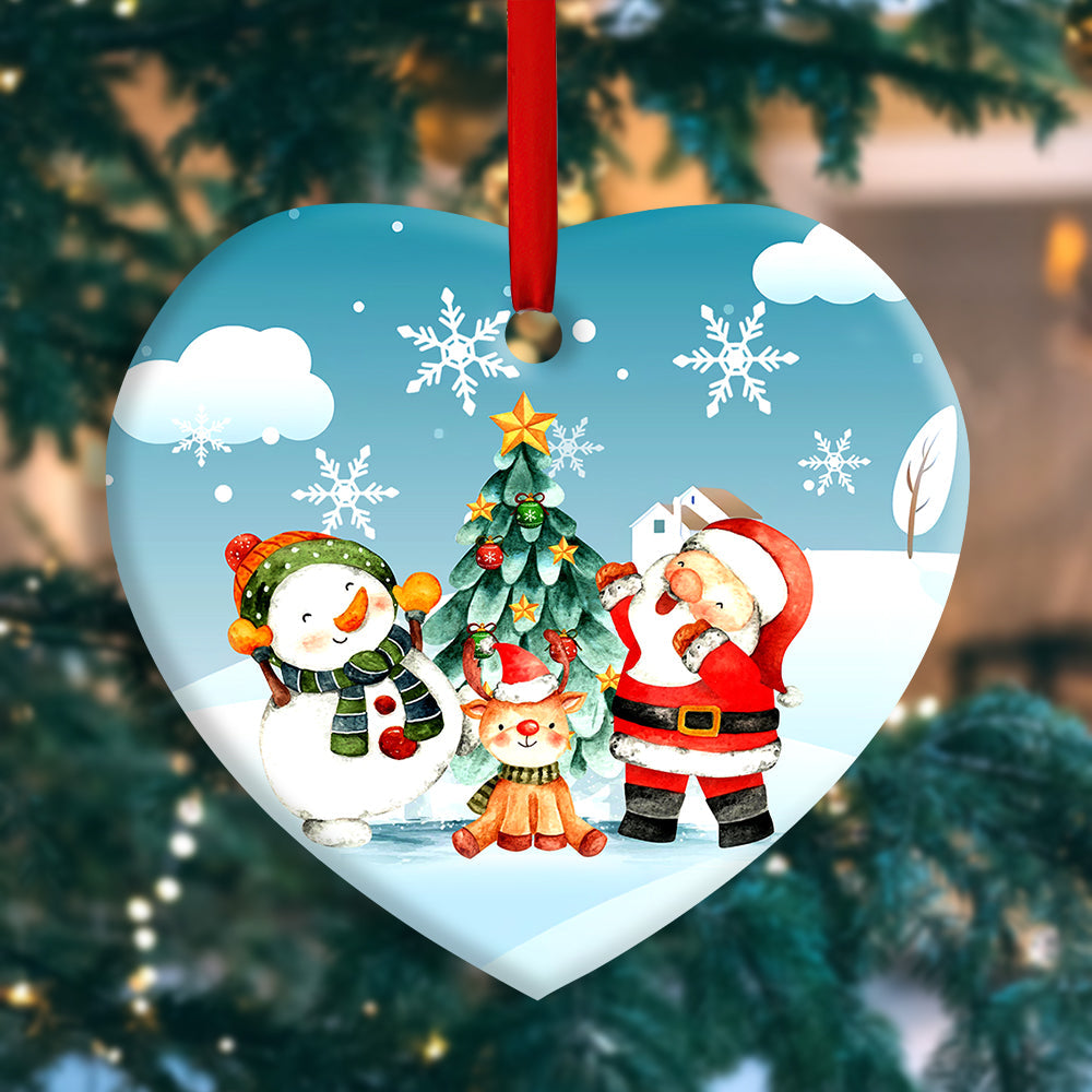 Christmas Santa Snowman And Deer Happy Together - Heart Ornament - Owls Matrix LTD