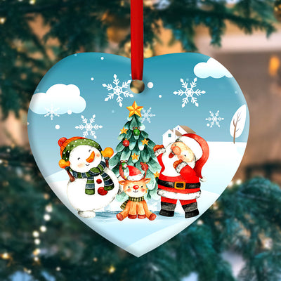 Christmas Santa Snowman And Deer Happy Together - Heart Ornament - Owls Matrix LTD