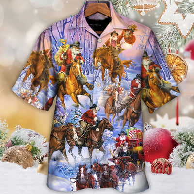 Christmas Santa And Horse Ho Ho Ho Everywhere Merry Xmas - Hawaiian Shirt - Owls Matrix LTD