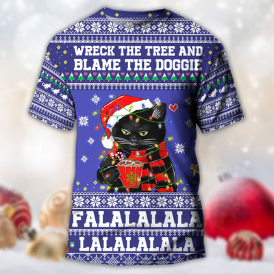 Black Cat Wreck The Tree Funny Christmas - Round Neck T-shirt - Owls Matrix LTD