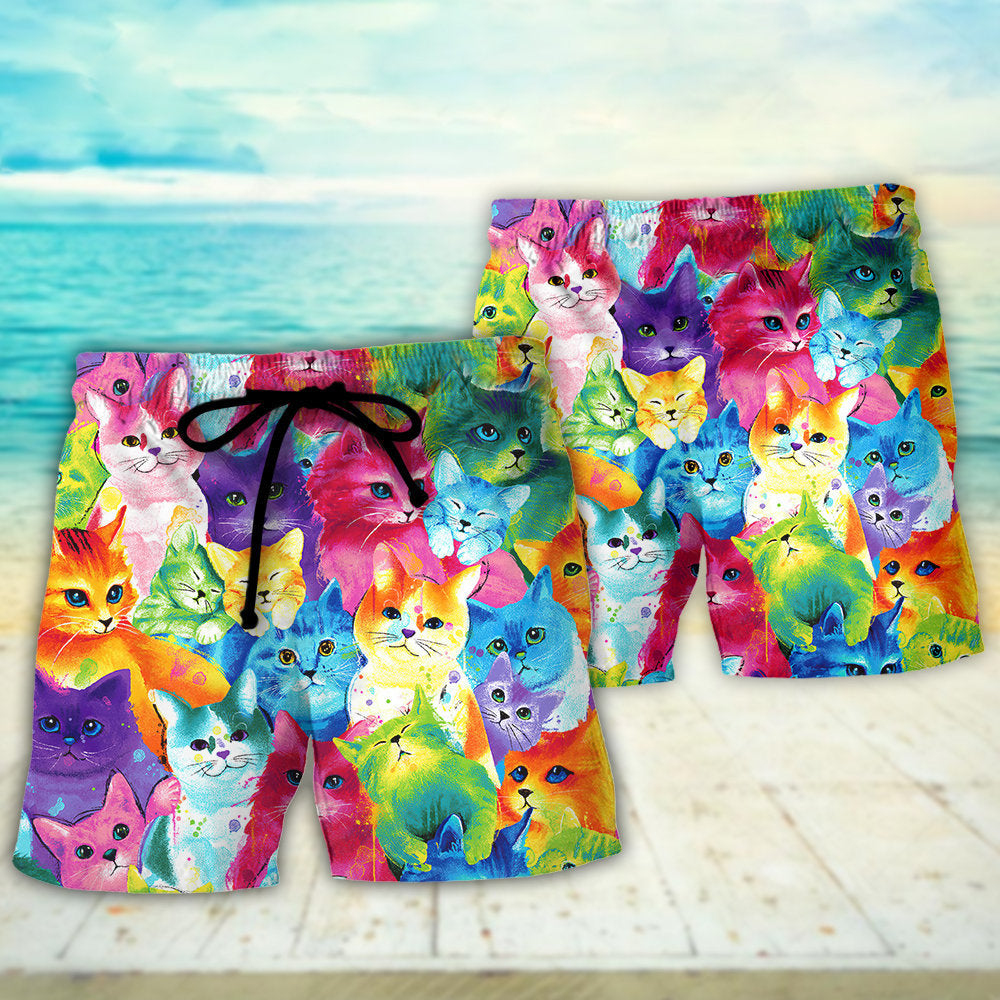 Cat Colorful Little Cute Kitten Happy Life - Beach Short - Owls Matrix LTD