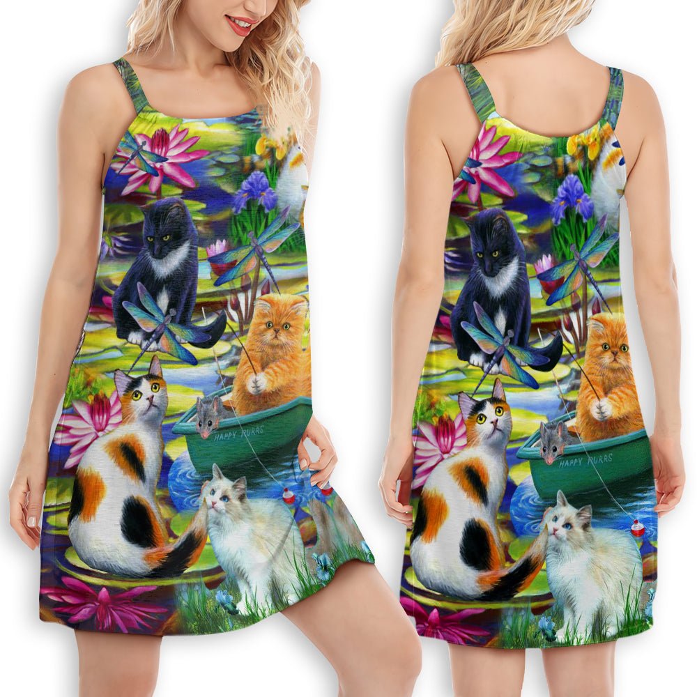 Cat Curious In A Water Lily Lake - Women's Sleeveless Cami Dress - Owls Matrix LTD