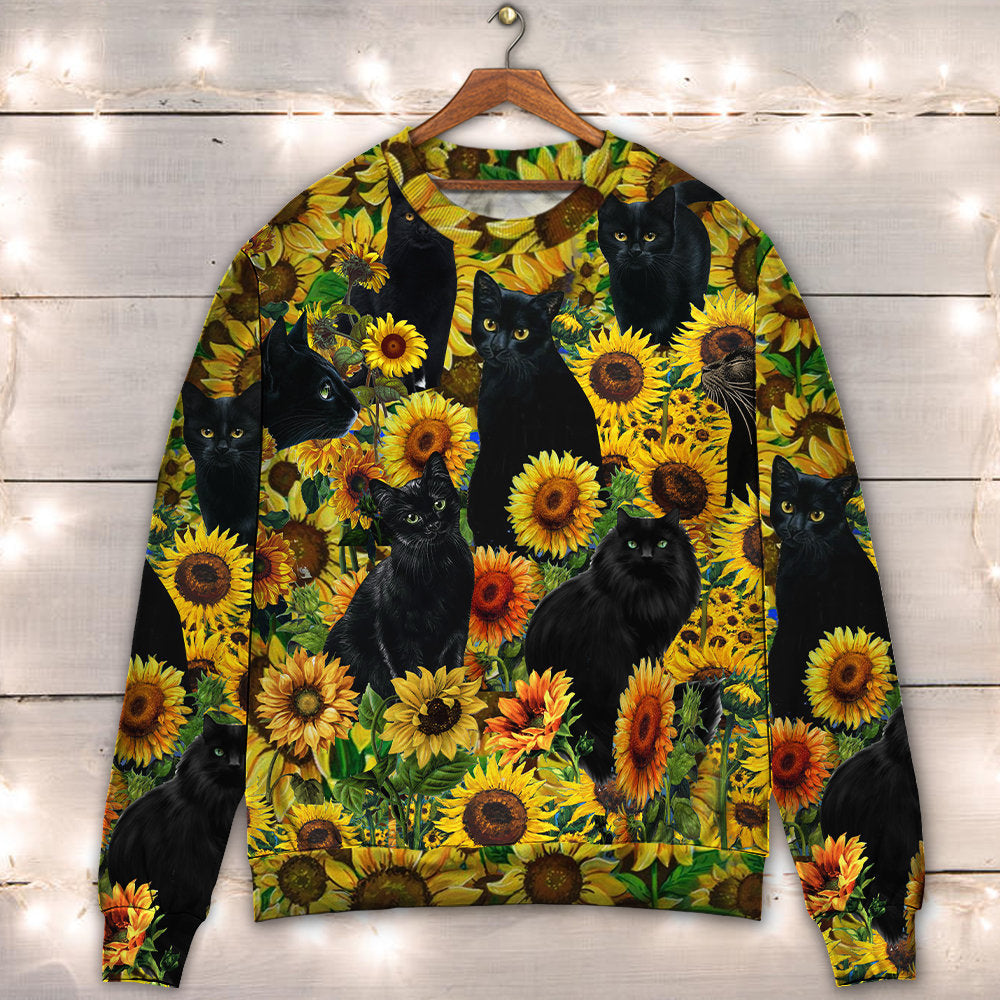Black Cat Love Sunflower - Sweater - Ugly Christmas Sweaters - Owls Matrix LTD