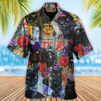 Black Cat Art With Flowers - Hawaiian Shirt - Owls Matrix LTD