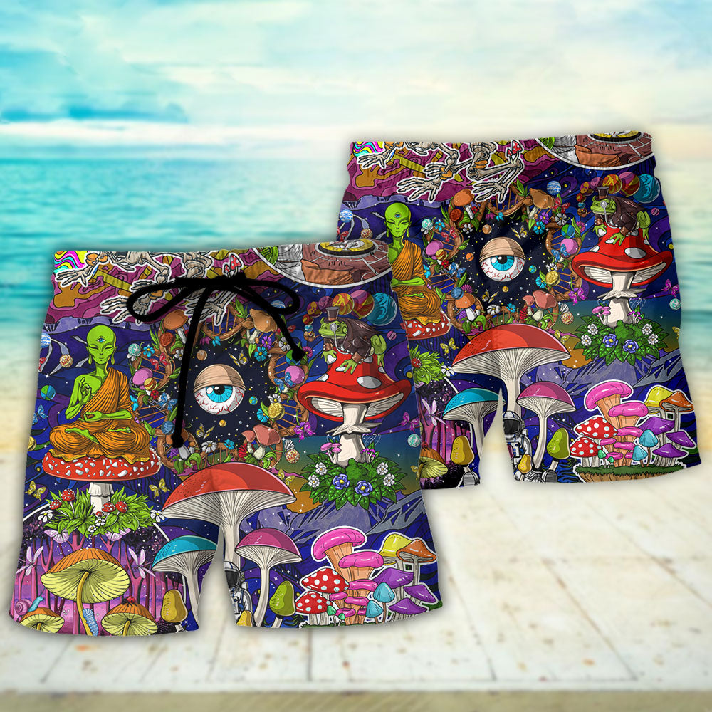 Hippie Mushroom Aliens Stay Hippie Colorful Art - Beach Short - Owls Matrix LTD