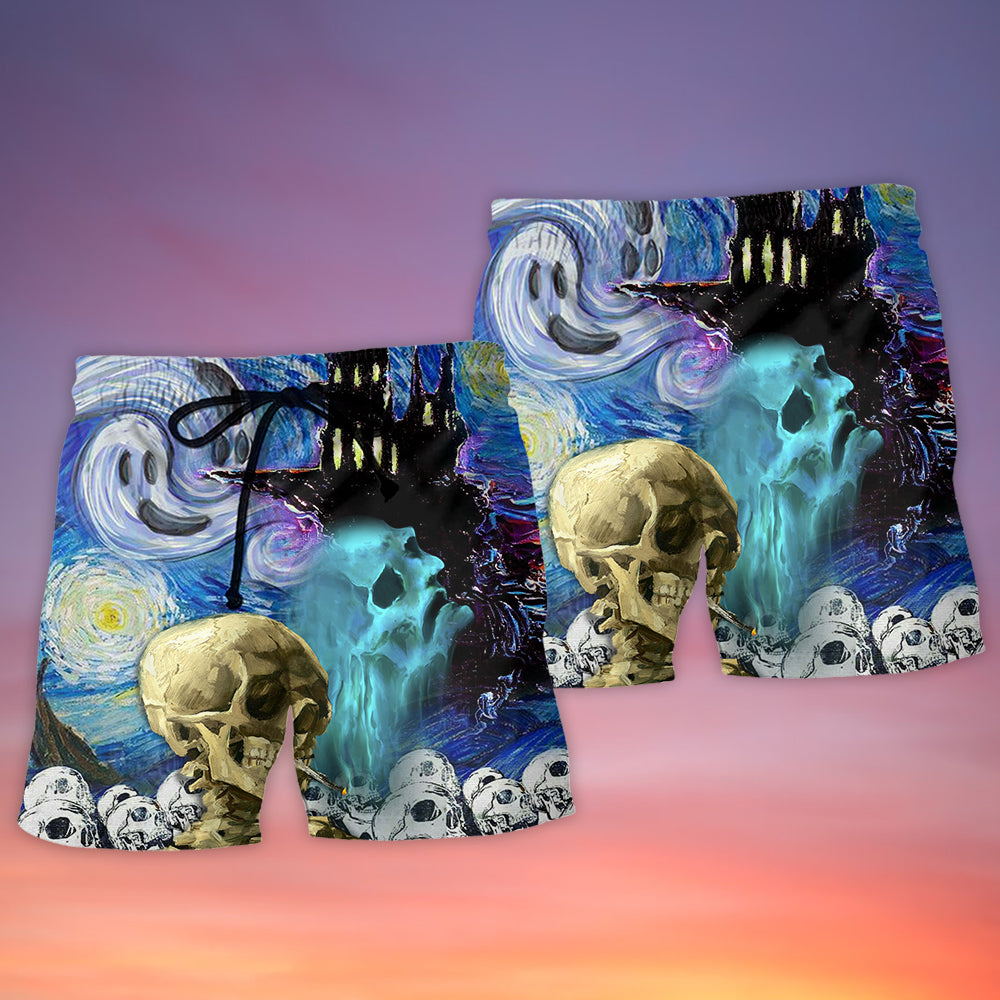 Halloween Skull Smoke Scream Starry Night Funny Boo Art Style - Beach Short - Owls Matrix LTD
