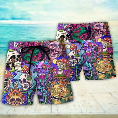 Hippie Mushroom And Skull Colorful Art - Beach Short - Owls Matrix LTD