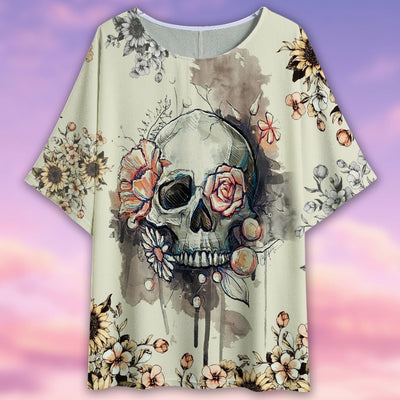 Skull Vintage Flower Style - Women's T-shirt With Bat Sleeve - Owls Matrix LTD