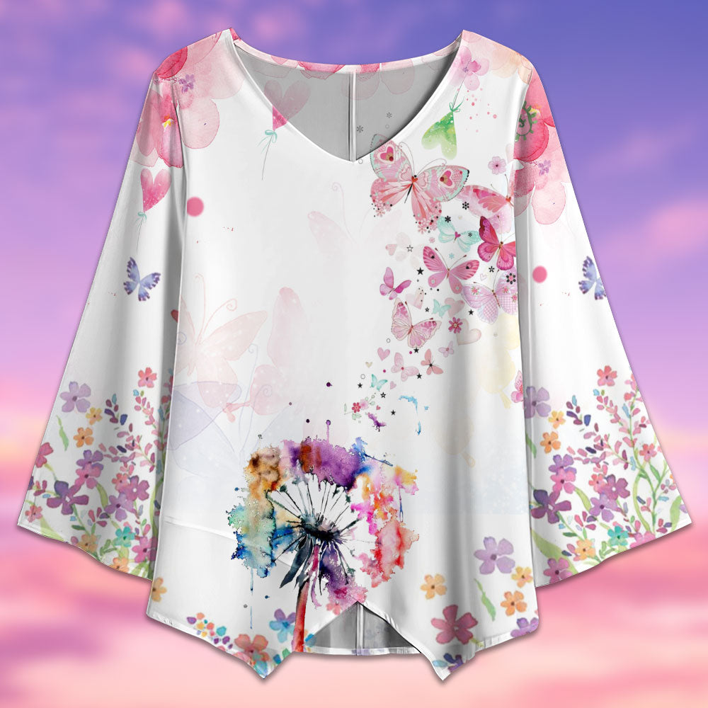 Butterfly And Flowers Watercolor - V-neck T-shirt - Owls Matrix LTD