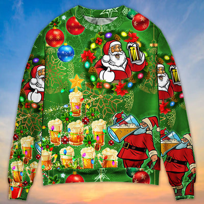 Christmas Funny Santa Claus Drinking Beer Happy Christmas Tree Green Light - Sweater - Ugly Christmas Sweaters - Owls Matrix LTD