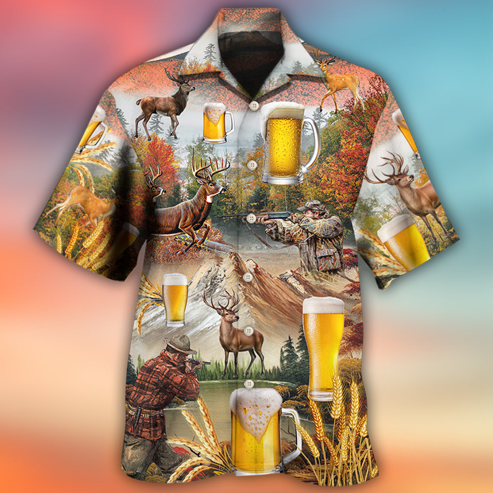 Beer And Hunting Deer Autumn Mountain - Hawaiian Shirt - Owls Matrix LTD
