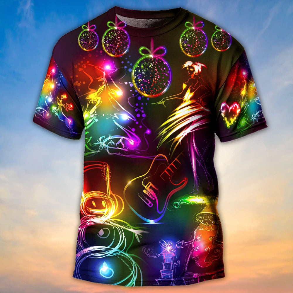 Christmas Dancing Santa Claus Tree Snowman Neon Light Style - Round Neck T-shirt - Owls Matrix LTD