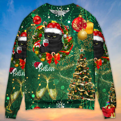 Christmas Black Cat Drinking Happy Christmas Tree Green Light - Sweater - Ugly Christmas Sweaters - Owls Matrix LTD
