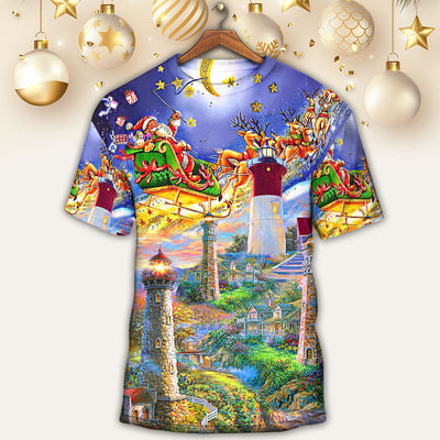 Lighthouse Christmas Santa Home The Light Is - Round Neck T-shirt - Owls Matrix LTD