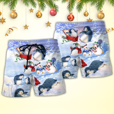 Christmas Penguin Family In Love Christmas Art Style - Beach Short - Owls Matrix LTD