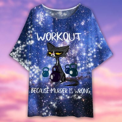 Black Cat Workout Because Murder Is Wrong - Women's T-shirt With Bat Sleeve - Owls Matrix LTD