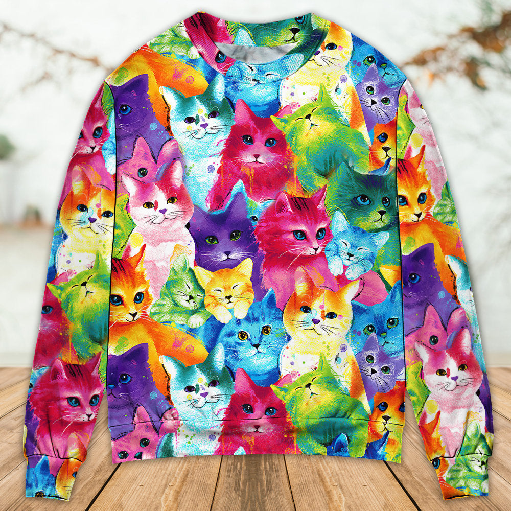 Cat Colorful Little Cute Kitten Happy Life - Sweater - Ugly Christmas Sweaters - Owls Matrix LTD