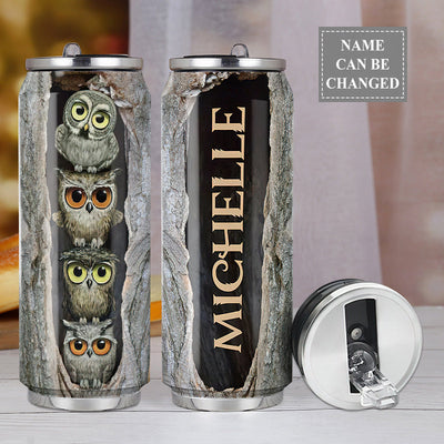M Owl Four Owls In Tree Hole Personalized - Soda Can Tumbler - Owls Matrix LTD