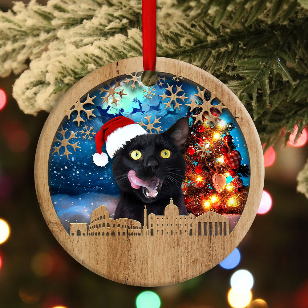 Christmas Black Cat Happy Xmas Light Santa Claus Decor Tree Hanging - Circle Ornament - Owls Matrix LTD
