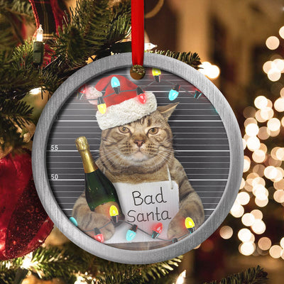 Christmas Cat Bad Santa Champagne And Santa Hat - Circle Ornament - Owls Matrix LTD