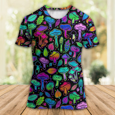 Mushroom Neon Colorful Bright With Leaf - Round Neck T-shirt - Owls Matrix LTD