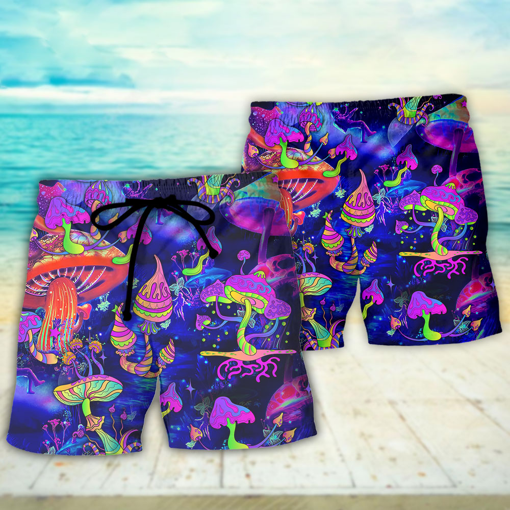 Hippie Mushroom Galaxy Neon Colorful Art - Beach Short - Owls Matrix LTD
