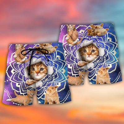 Cat Tabby Cat Yoga Galaxy Yoga Pose Funny - Beach Short - Owls Matrix LTD