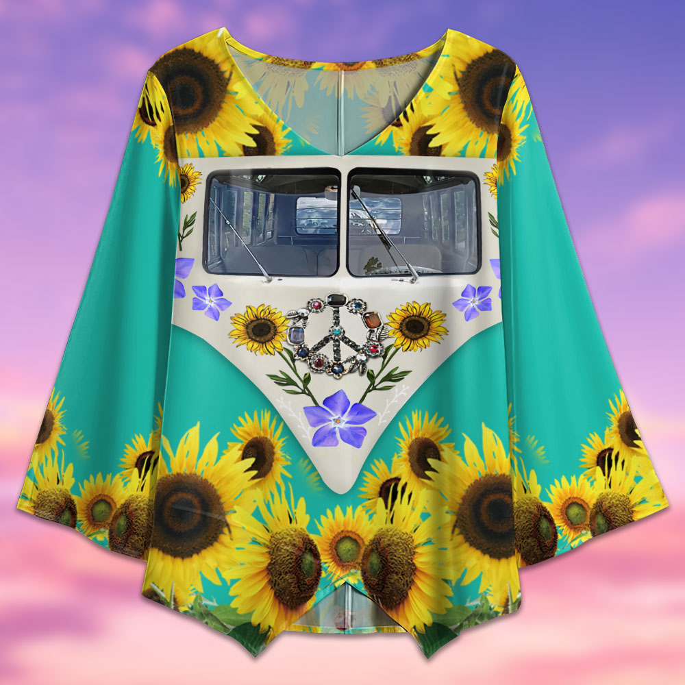 Hippie Peace Bus With Sunflowers - V-neck T-shirt - Owls Matrix LTD