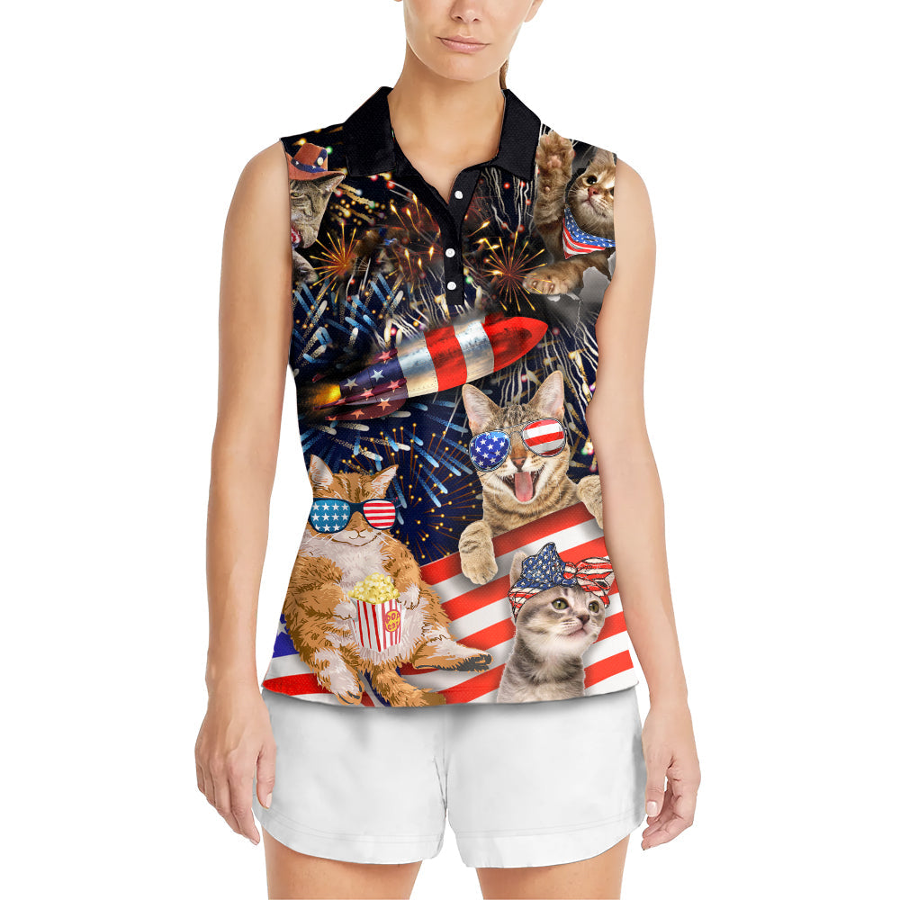 Cat Independence Day Happy Firework - Women's Polo Shirt - Owls Matrix LTD